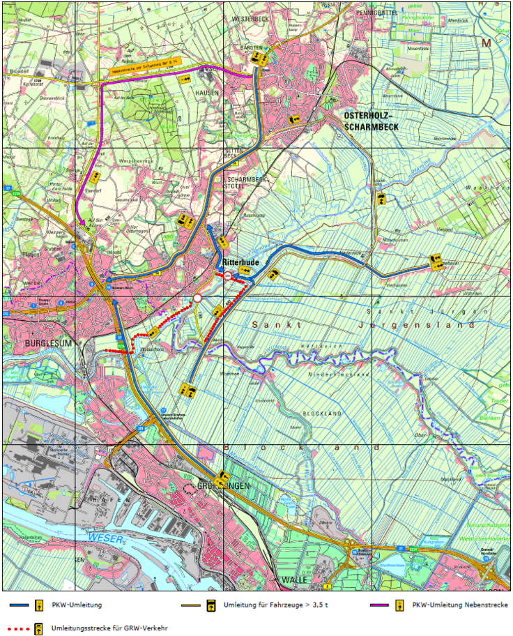 Umleitungskarte während der Baumaßnahme Ersatzneubau Schlossbrücke Ritterhude